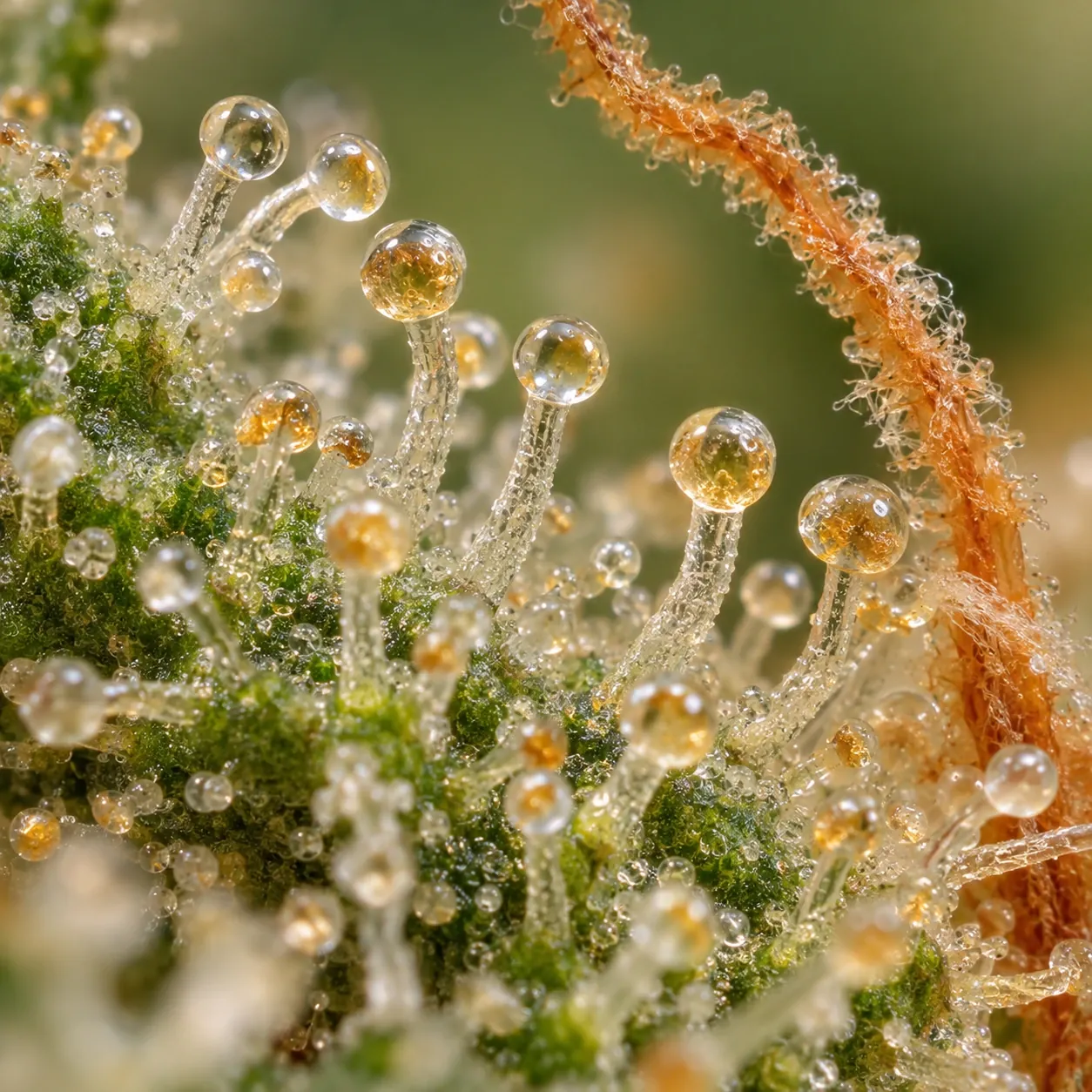Close view of stalked resin glands on the plant surface
